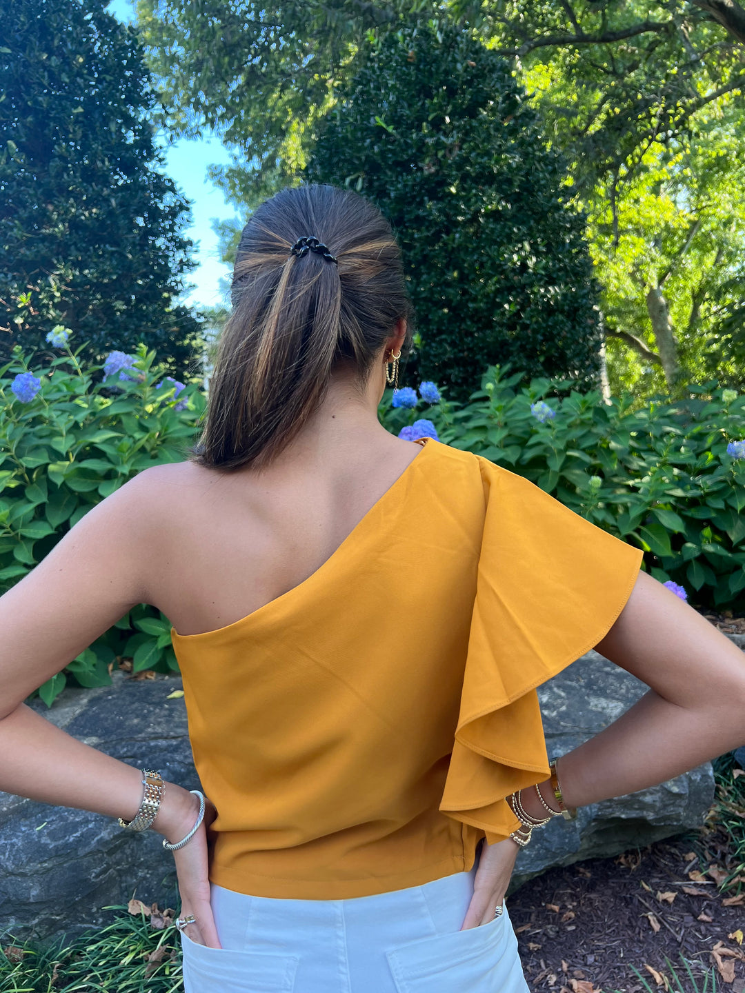 Pleated One Shoulder Top, Mustard